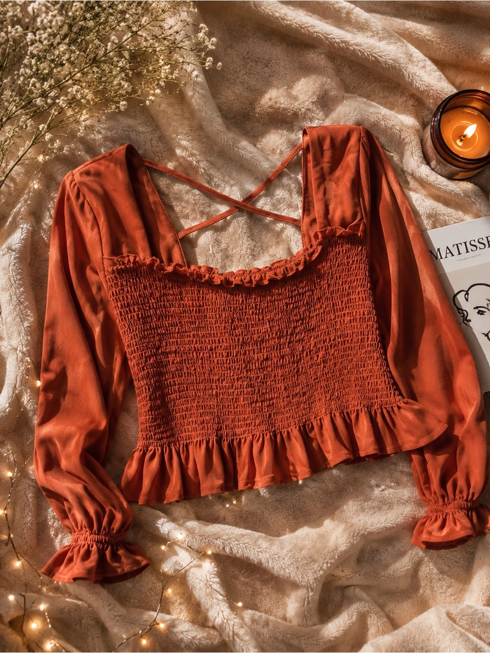 Smocked Ruffle Long-Sleeve Crop Top - Rust